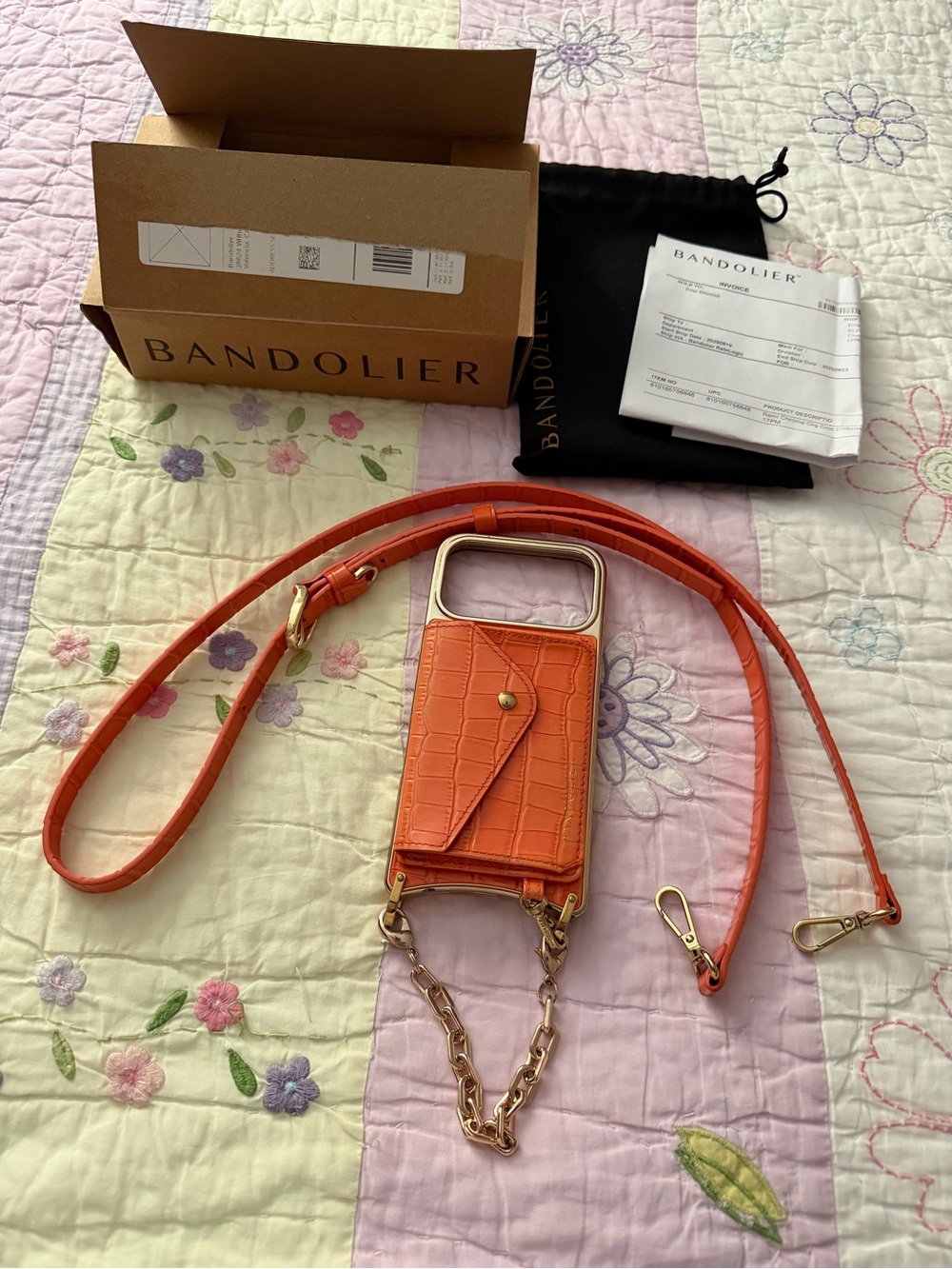 Bandolier Orange Croc-Embossed Gold-Accent Phone case and pouch Crossbody .